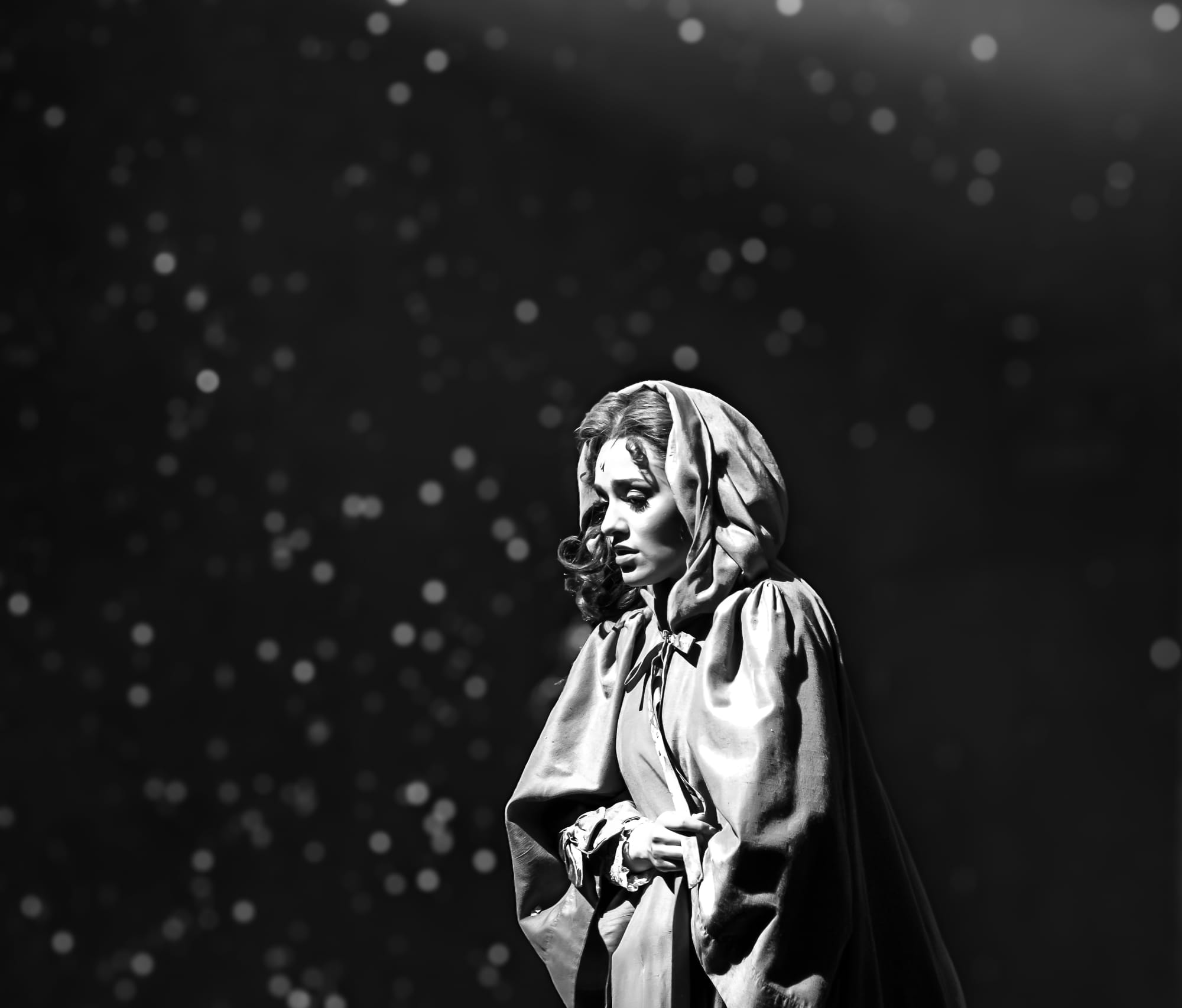Christine Daaé in the graveyard scene, photographed in black and white