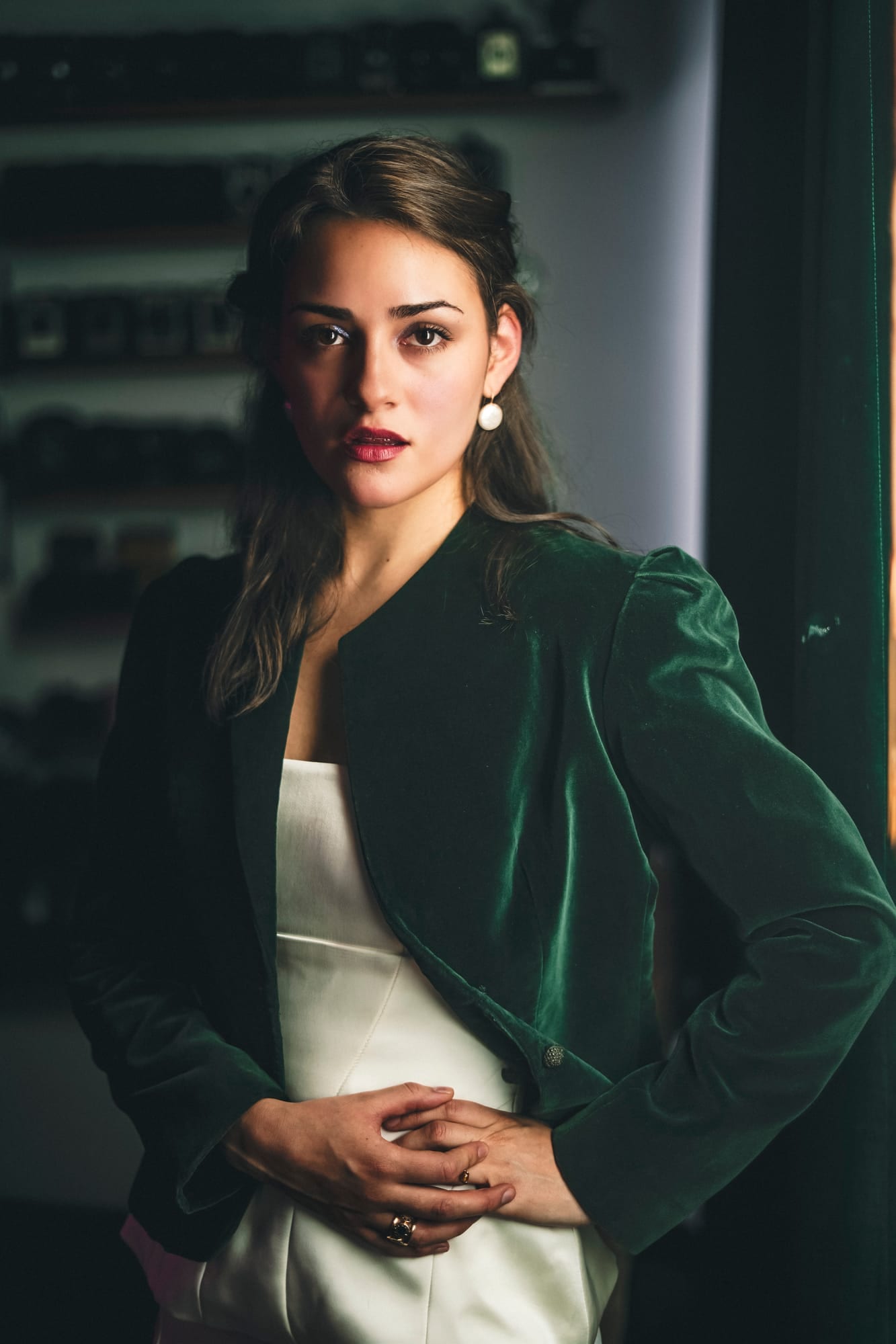 Portrait session in a green velvet jacket